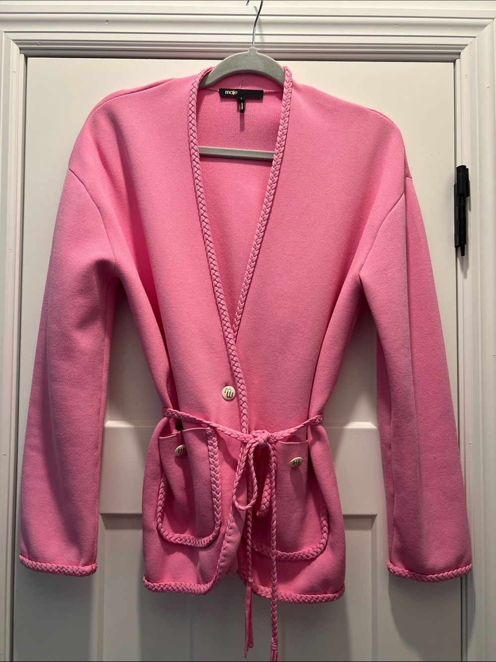 Maje Bright Pink Braided-Trim Knit Cardigan with Tie Belt